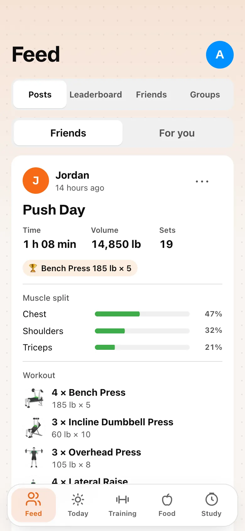 A friend’s push day in the feed, with a new bench press record
